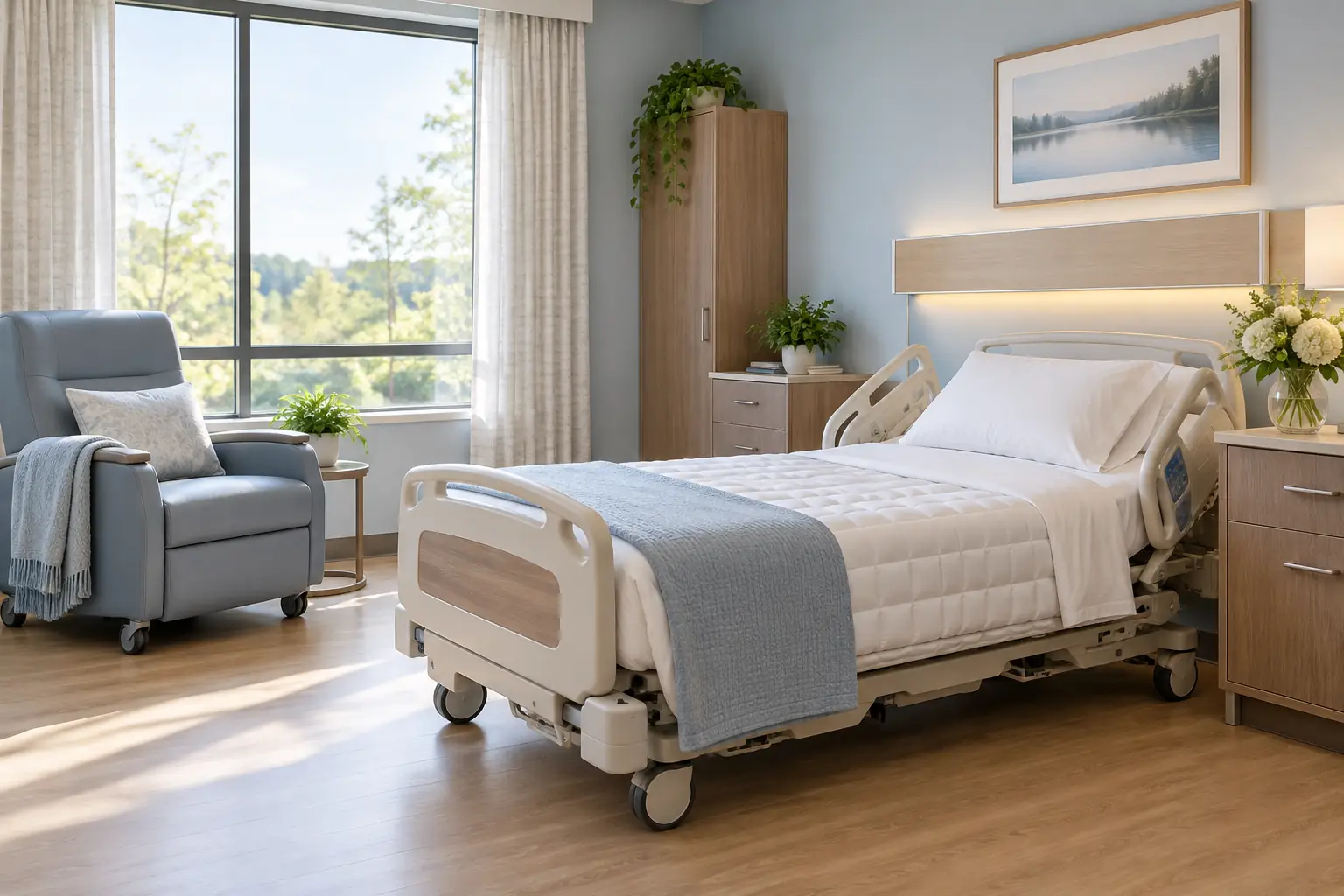Care room with a hospital-style bed and air mattress